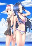  back-to-back bad_id bad_pixiv_id bikini blue_hair breasts casual_one-piece_swimsuit cleavage front-tie_top hairband highres idolmaster idolmaster_(classic) ishibashi large_breasts long_hair miura_azusa multiple_girls one-piece_swimsuit red_eyes shijou_takane silver_hair swimsuit 