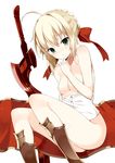  aestus_estus ahoge bad_id bad_pixiv_id bare_shoulders blonde_hair blush bottomless bow breasts cum cum_on_body cum_on_lower_body cum_on_upper_body fate/extra fate_(series) greaves green_eyes hair_bow hair_bun nero_claudius_(fate) nero_claudius_(fate)_(all) nipples no_bra short_hair simple_background small_breasts soburi solo sword weapon 