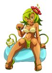  abs amalia_sheran_sharm dark_skin doll feet green_eyes green_hair highres long_hair midriff navel plant sadida sandals toenails toes toned toyonakasi-nekosi wakfu 