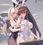  2girls alternate_costume animal_ears between_breasts black_leotard black_necktie black_pantyhose black_ribbon blonde_hair blue_eyes blush breasts brown_hair cleavage covered_navel dated detached_collar fake_animal_ears fake_tail fishnet_pantyhose fishnets food food_writing grey_pantyhose hair_between_eyes hair_ornament hand_on_another&#039;s_waist highres himeyamato holding indoors iowa_(kancolle) kantai_collection ketchup ketchup_bottle large_breasts leotard long_hair maid_headdress multiple_girls necktie necktie_between_breasts omelet omurice open_mouth pantyhose playboy_bunny ponytail rabbit_ears rabbit_tail ribbon short_sleeves signature smile sparkle star-shaped_pupils star_(symbol) steam symbol-shaped_pupils tail very_long_hair white_leotard wrist_cuffs yamato_(kancolle) 