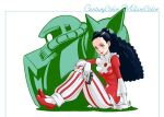  1girl aobito_sukoyaka_bystander black_hair breasts curly_hair gloves gun gundam hashtag-only_commentary high_heels holding holding_gun holding_weapon inset_border lily_borjarnon long_hair looking_at_viewer medium_breasts open_mouth outside_border pink_eyes simple_background sitting smile solo turn_a_gundam weapon white_background white_gloves zaku 