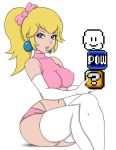  ?_block bare_shoulders blonde_hair blue_eyes bow breasts collarbone earrings elbow_gloves gloves hair_bow impossible_clothes jewelry large_breasts lips long_hair mario_(series) midriff miniskirt navel ne1v1a nintendo parted_lips ponytail pow_block princess_peach simple_background sitting skirt solo thighhighs thong white_background white_gloves white_legwear 