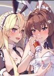  2girls alternate_costume animal_ears between_breasts black_necktie blonde_hair blue_eyes blush breasts brown_hair detached_collar hair_between_eyes hair_ornament highres himeyamato holding holding_plate iowa_(kancolle) kantai_collection ketchup long_hair looking_at_viewer maid_headdress multiple_girls necktie necktie_between_breasts open_mouth plate ponytail rabbit_ears short_sleeves smile star-shaped_pupils star_(symbol) symbol-shaped_pupils wrist_cuffs yamato_(kancolle) 