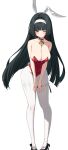  1girl absurdres alternate_costume animal_ears astra_yao black_hair breasts cleavage fake_animal_ears highres large_breasts long_hair looking_at_viewer one_eye_closed pantyhose playboy_bunny rabbit_ears red_eyes simple_background solo standing w.k white_background white_pantyhose zenless_zone_zero 