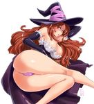  2011 arm_up ass bare_shoulders breasts brown_hair cleavage detached_sleeves dragon's_crown dress hat large_breasts long_hair lying nekoguchi on_side open_mouth panties pink_panties red_eyes solo sorceress_(dragon's_crown) strapless strapless_dress thong underwear witch_hat 
