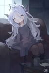  1girl absurdres artist_name blue_archive closed_eyes collared_shirt commentary couch cup dated grey_hair hair_between_eyes highres hina_(blue_archive) paper shirt single_hair_intake sitting sleeping sleeveless sleeveless_shirt solo symbol-only_commentary table tsukibara white_shirt window 