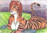  anthro black_and_white chest_tuft color feline female fur green_eyes hair looking_at_viewer lying mammal monochrome on_front pillow ruger181 smile solo stripes tail teeth tiger tuft unknown_artist 