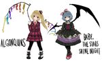  alternate_costume alternate_wings black_legwear blonde_hair blue_hair choir_(artist) english flandre_scarlet gothic_lolita hair_ribbon highres lolita_fashion multiple_girls pantyhose pinky_out red_eyes remilia_scarlet ribbon short_hair siblings sisters skull touhou wings 