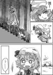  comic dirty dirty_face falling fang greyscale hat kana_tako lamp monochrome open_mouth rain remilia_scarlet short_hair solo stairs touhou translated tree tripping umbrella 