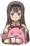  akemi_homura black_hair crossover galaxy_angel hairband jitome long_hair mahou_shoujo_madoka_magica mugen_ouka normad purple_eyes school_uniform solo stuffed_animal stuffed_toy 