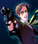  aiming aiming_at_viewer bad_id bad_pixiv_id brown_hair foreshortening formal glasses gun handgun holding holding_gun holding_weapon male_focus masao muska revolver scarf solo tenkuu_no_shiro_laputa upper_body weapon 