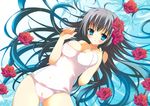  aqua_eyes black_hair blush breasts cleavage flower long_hair medium_breasts natsuki_coco one-piece_swimsuit original red_flower red_rose rose solo swimsuit 