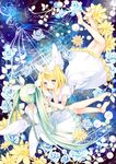  aqua_hair bare_legs barefoot birdcage blonde_hair blue_eyes blue_flower blue_rose blush cage dress floating flower hair_ornament hair_ribbon hairclip hatsune_miku kagamine_rin long_hair multiple_girls musical_note ribbon rose short_hair sky star_(sky) starry_sky twintails vocaloid wings yukim27 