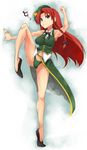  arm_up bad_id bad_pixiv_id beret blue_eyes braid fighting_stance green_panties hat highres hong_meiling leg_lift leg_up long_hair midriff outstretched_arm panties red_hair shachi_kamaboko shirt side_slit skirt skirt_set solo standing standing_on_one_leg star touhou twin_braids underwear 