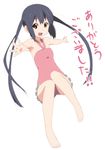  armpits barefoot black_hair brown_eyes casual_one-piece_swimsuit errant flat_chest foreshortening k-on! long_hair looking_at_viewer nakano_azusa one-piece_swimsuit outstretched_arms outstretched_hand perspective pink_swimsuit smile solo spread_arms swimsuit translated twintails 