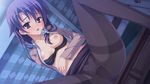  1girl blush bra bra_pull breast_slip breasts collarbone dutch_angle game_cg lingerie long_hair muririn nipples noble_works one_breast_out open_clothes open_shirt panties pantyhose purple_eyes purple_hair shirt source_request spread_legs underwear yasutsuna_hotaru 