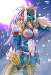  armor bioluminescence blue_clothing blue_eyes female firefly fur gauntlets glowing hair horn jinouga midriff monster_hunter moon navel night plant ponytail signature skykain solo stars teal teal_fur video_games warrior wavy_mouth white white_countershading white_fur white_hair zinogre 