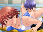  1boy 1girl ass game_cg naughty_face oral orange_hair pool sensei swimsuit teacher water 