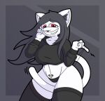 2025 5_fingers anthro breasts cel_shading clothed_breasts clothing clothing_pull covered_breasts crop_top cropped_sweater dark_clothing dark_hair digital_media_(artwork) domestic_cat exposed_belly felid feline felis female fingers frackntoaster fur gesture grin grinning_at_viewer hair hand_gesture hand_in_hair hi_res inner_ear_fluff legwear long_hair long_tail looking_at_viewer mammal middle_finger motion_outline panties panty_pull pinup pointy_ears portrait pose pupils red_eyes shaded shirt simple_background smile solo standing tail tail_between_legs thigh_highs three-quarter_portrait toony topwear touching_hair tuft underwear underwear_pull white_body white_fur womb_tattoo