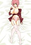  blush breasts dakimakura garter_belt green_eyes highres honey_angel huge_breasts lying naked naked_thighhighs nipples no_bra nude original pink_hair short_hair solo stockings thighhighs 