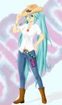  aqua_eyes aqua_hair belt boots cowboy_boots cowboy_hat denim drinking_straw full_body hat hatsune_miku highres jeans long_hair magister_(medical_whiskey) mouth_hold one_eye_closed pants sleeves_rolled_up solo spring_onion very_long_hair vocaloid western 