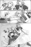  2boys ? bad_id bad_pixiv_id bed brother_and_sister brothers closed_eyes family final_fantasy final_fantasy_ix gloves greyscale haya_(karn) kuja midriff mikoto_(ff9) monochrome multiple_boys open_mouth short_hair siblings sleeping tail zidane_tribal 