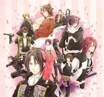  6+boys black_hair blonde_hair blue_eyes brown_eyes brown_hair chikage_kazama floral_print glasses green_eyes hakuouki_shinsengumi_kitan harada_sanosuke_(hakuouki) highres hijikata_toshizou_(hakuouki) holding holding_sword holding_weapon japanese_clothes katana kimono kondou_isami_(hakuouki) left-handed long_hair mamefuku multiple_boys nagakura_shinpachi nagumo_kaoru okita_souji_(hakuouki) purple_eyes red_eyes red_hair saitou_hajime_(hakuouki) sayagata sheath smile sword toudou_heisuke_(hakuouki) unsheathed unsheathing weapon yamanami_keisuke yamazaki_susumu_(hakuouki) yukimura_chizuru 