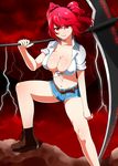  alternate_costume alternate_weapon boots breasts cleavage cutoffs denim denim_shorts front-tie_top hair_bobbles hair_ornament highres large_breasts lightning mattari_yufi midriff navel onozuka_komachi red_eyes red_hair scythe shirt short_shorts shorts sleeves_rolled_up slit_pupils smirk solo tied_shirt touhou two_side_up weapon 