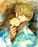  bad_id bad_pixiv_id blonde_hair closed_eyes flower jacket keith_goodman kiss male_focus rose solo tiger_&amp;_bunny yellow_flower yellow_rose zakk 