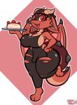 anthro apron arturfox athletic baker barefoot big_breasts black_cap black_clothing black_uniform bottomwear breasts cake clothing dessert dragon edge_(c4) eyebrows eyelashes feet female food hand_on_hip hi_res horn huge_thighs mythological_creature mythological_scalie mythology pants plate raised_leg red_body red_eyes red_wings scalie sharp_teeth side_boob simple_background smile solo spiked_tail spikes spikes_(anatomy) stretched_clothing tail teeth thick_tail thick_thighs tight_bottomwear tight_clothing tight_fit torn_bottomwear torn_clothing torn_pants wings
