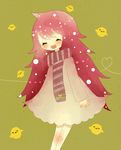  absurdres bird blush dress eyes_closed flaky flippy green_background happy_tree_friends heart heart_line highres little_yellow_bird long_hair pink_dress pink_hair pink_outfit red_hair scarf short_hair simple_background smile solo 