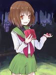  bad_id bad_pixiv_id book brown_eyes brown_hair condom evil_grin evil_smile fence grin mawaru_penguindrum oginome_ringo pleated_skirt school_uniform serafuku short_hair skirt smile solo umeboshitora 