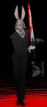 absurd_res anthro blood bodily_fluids clothed clothing demon eyewear gloves grin handwear hi_res judasyfox lagomorph leporid looking_at_viewer male mammal melee_weapon monocle rabbit smile solo suit_jacket suit_vest suite sword teeth teeth_showing weapon white_rabbit_(dmc)