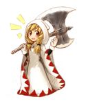  1girl akikan_(watashi_no_sekai) axe blonde_hair braid final_fantasy final_fantasy_tactics gloves hair_over_shoulder hood long_hair open_mouth red_eyes robe simple_background smile solo twin_braids waving weapon white_mage white_mage_(fft) 