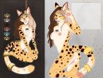  absurd_res anthro blue_eyes breasts cat_tail claws digital_media_(artwork) domestic_cat felid feline felis female fur genitals gold_(metal) gold_jewelry gold_piercing hair hi_res jewelry larger_female long_hair mahaon mammal markings meow mixed_breed model_sheet multiple_piercings nipple_piercing nipples pawpads paws piercing pink_nipples playful predator/prey pussy red_dogmeat savannah_cat serval size_difference solo spots spotted_markings sugarpaw sweet_whiskas tail wildcat yellow_body yellow_fur 