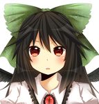  bad_id bad_pixiv_id black_hair black_wings blush bow face green_bow hair_bow heart heart-shaped_pupils long_hair looking_at_viewer red_eyes reiuji_utsuho simple_background solo symbol-shaped_pupils third_eye touhou wings yamasuta 