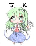  ascot blush_stickers chibi detached_sleeves frog gohei green_eyes green_hair kochiya_sanae kotatu_(akaki01aoki00) long_hair long_sleeves open_mouth shirt skirt snake solo touhou 