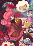  black_legwear blue_eyes blush bow cape charlotte_(madoka_magica) cheese cherry cookie cup doughnut dress food fork from_behind fruit hair_ribbon head_tilt looking_back mahou_shoujo_madoka_magica open_mouth pantyhose personification pink_hair print_legwear pyotr_(madoka_magica) ribbon sanmi_tenten sitting sleeves_past_wrists strawberry table tea teacup teapot 
