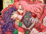  blue_eyes couple crown dark_skin dress epaulettes flower frills gathers green_eyes hand_on_another's_face himemiya_anthy jewelry long_hair multiple_girls pappappao pink_hair purple_hair ring rose shoujo_kakumei_utena smile tenjou_utena yellow_flower yellow_rose yuri 