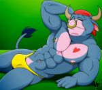 2016 2_horns abs anthro biceps blue_body blue_fur blue_tail_tuft bovid bovine brown_horn bulge cattle clothing digital_drawing_(artwork) digital_media_(artwork) eyes_closed fabfelipe facial_piercing fur hand_behind_head horn kerchief male mammal mouth_closed muscular muscular_anthro muscular_male navel nipple_piercing nipple_ring nipples nose_piercing nose_ring piercing pink_body pink_fur pose red_heart red_kerchief ring_piercing solo tail tail_tuft thong tuft underwear yellow_clothing yellow_thong yellow_underwear