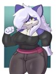 absurd_res anthro blue_body blue_fur canid canine dark_clothing female fox fur hair hi_res inazuma_kat long_hair mammal smile solo sparrow_(bbv) thick_thighs white_hair wide_hips