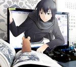  blue_hair book desk frown grey_eyes jacket male_focus monitor mouse nezumi_(no.6) ninjin_(charat7) no.6 scarf solo through_screen 