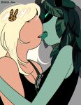 2025 accessory adventure_time black_clothing black_topwear blonde_hair cartoon_network clothing digital_media_(artwork) duo elemental_creature elemental_humanoid female female/female fionna_the_human flora_fauna green_body green_eyes green_skin grey_background hair hair_accessory hi_res human humanoid huntress_wizard kissing licking licking_mouth looking_at_viewer mammal open_mouth plant plant_hair plant_humanoid pseudo_hair side_view simple_background text text_on_clothing tongue tongue_out topwear watermark yakza_draw