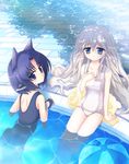  animal_ears anne_dautrich arm_support ball beachball blue_eyes blue_hair blush caustics collarbone fingerless_gloves gloves hand_on_own_chest highres kyoukaisenjou_no_horizon long_hair looking_at_viewer looking_back multiple_girls nanao_yuki one-piece_swimsuit outdoors partially_submerged pool poolside refraction satomi_yoshiyasu school_swimsuit shade short_hair sitting soaking_feet swimsuit towel tree_shade water white_hair white_school_swimsuit white_swimsuit 