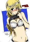 blonde_hair blush bra breasts character_name charlotte_dunois cleavage colorized embarrassed french infinite_stratos large_breasts lingerie long_hair midriff navel purple_eyes ranguage shirt_lift solo underwear yoshijima_ataru 