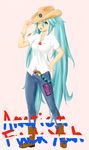  america aqua_eyes aqua_hair belt belt_buckle boots buckle chain cowboy_boots cowboy_hat denim drinking_straw english full_body hand_on_hip hat hatsune_miku highres jeans long_hair magister_(medical_whiskey) mouth_hold one_eye_closed pants sleeves_rolled_up solo spring_onion very_long_hair vocaloid western work_in_progress 