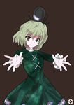  alphes_(style) dress green_dress green_eyes hat kaoru_(gensou_yuugen-an) outstretched_arms parody signature silver_hair smile soga_no_tojiko solo style_parody touhou 