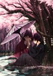  1girl bad_id bad_pixiv_id black_hair brown_hair closed_eyes couple hakuouki_shinsengumi_kitan hetero japanese_clothes kimono long_hair oriental_umbrella petals saitou_hajime_(hakuouki) umbrella uzura_yuuno yukimura_chizuru 