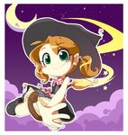  bow broom brown_hair cloud crescent_moon dress full_body green_eyes hat jewelry moon necklace night original outstretched_hand samu-chan short_hair sky smile solo star striped striped_bow twintails witch witch_hat 