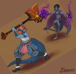 accessory ambiguous_gender au_ra axe big_tail blue_body blue_skin boots cape chest_wraps clothing crocodile_tail duo final_fantasy final_fantasy_xiv flabberd footwear furgonomics gem hi_res high_heels horn horned_humanoid humanoid jewelry large_weapon magic purple_body purple_skin scales scalie sharp_tail shoes square_enix tail tail_accessory tail_jewelry tail_spines translucent translucent_clothing wraps xaela